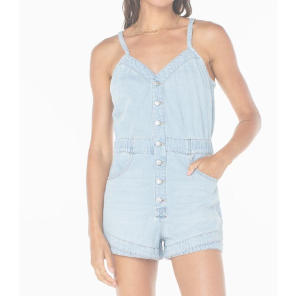 NWT Roxy Womens Naia Romper Large Blue Saltwater Denim Wash Button Front
